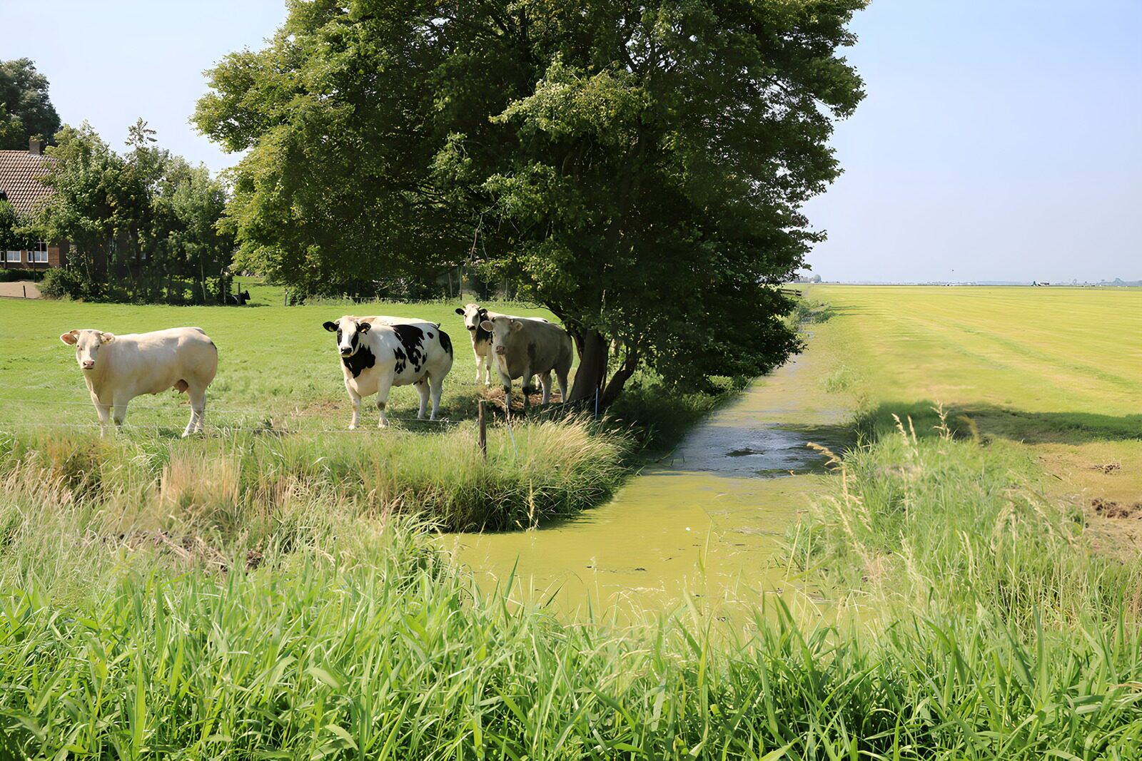 Kühe am Bach im grünen Feld