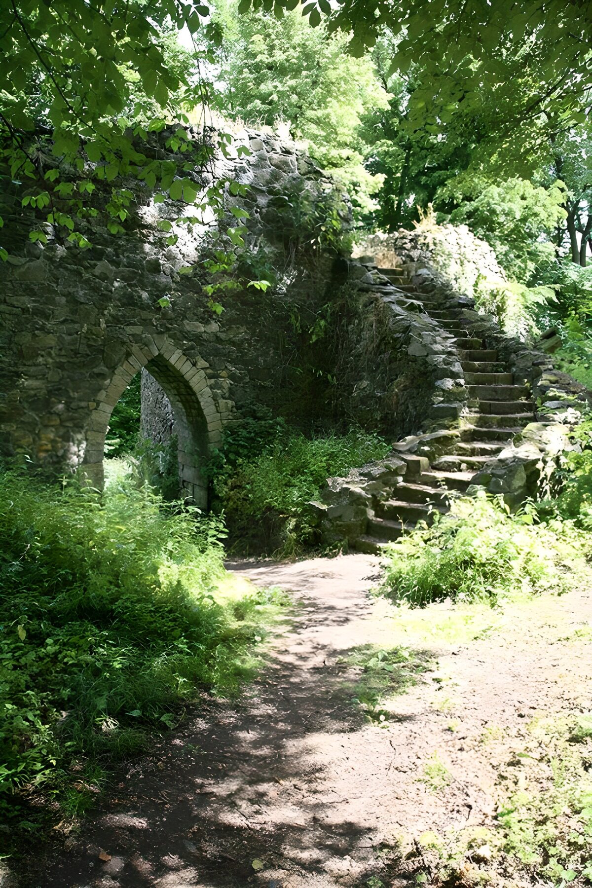 Verfallene Steintreppe im Grünen
