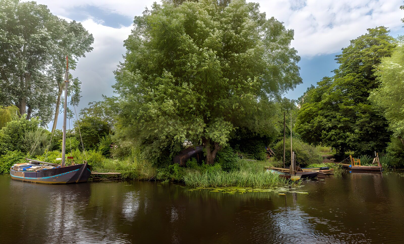 Friedlicher Fluss mit Booten und Bäumen