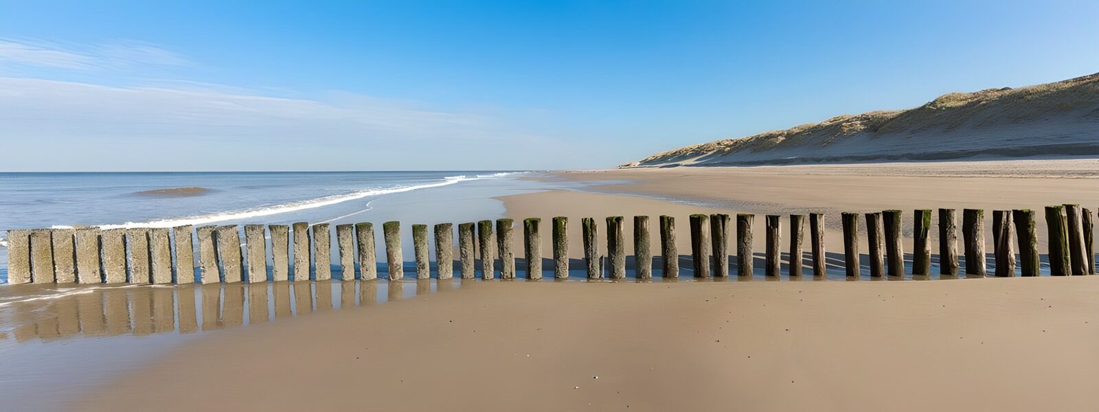 Strand mit Pfählen und klarem Himmel