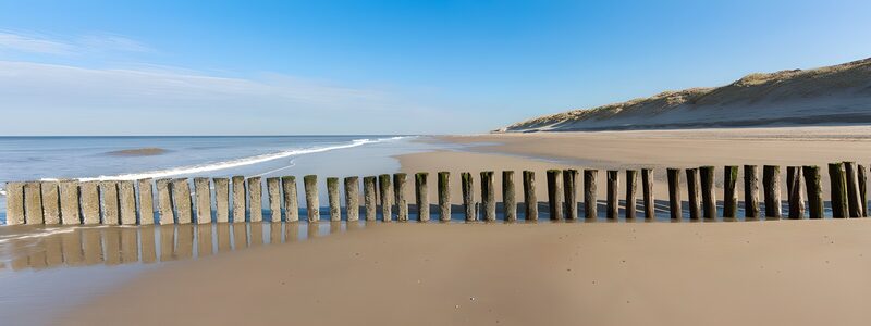 Strand mit Pfählen und klarem Himmel