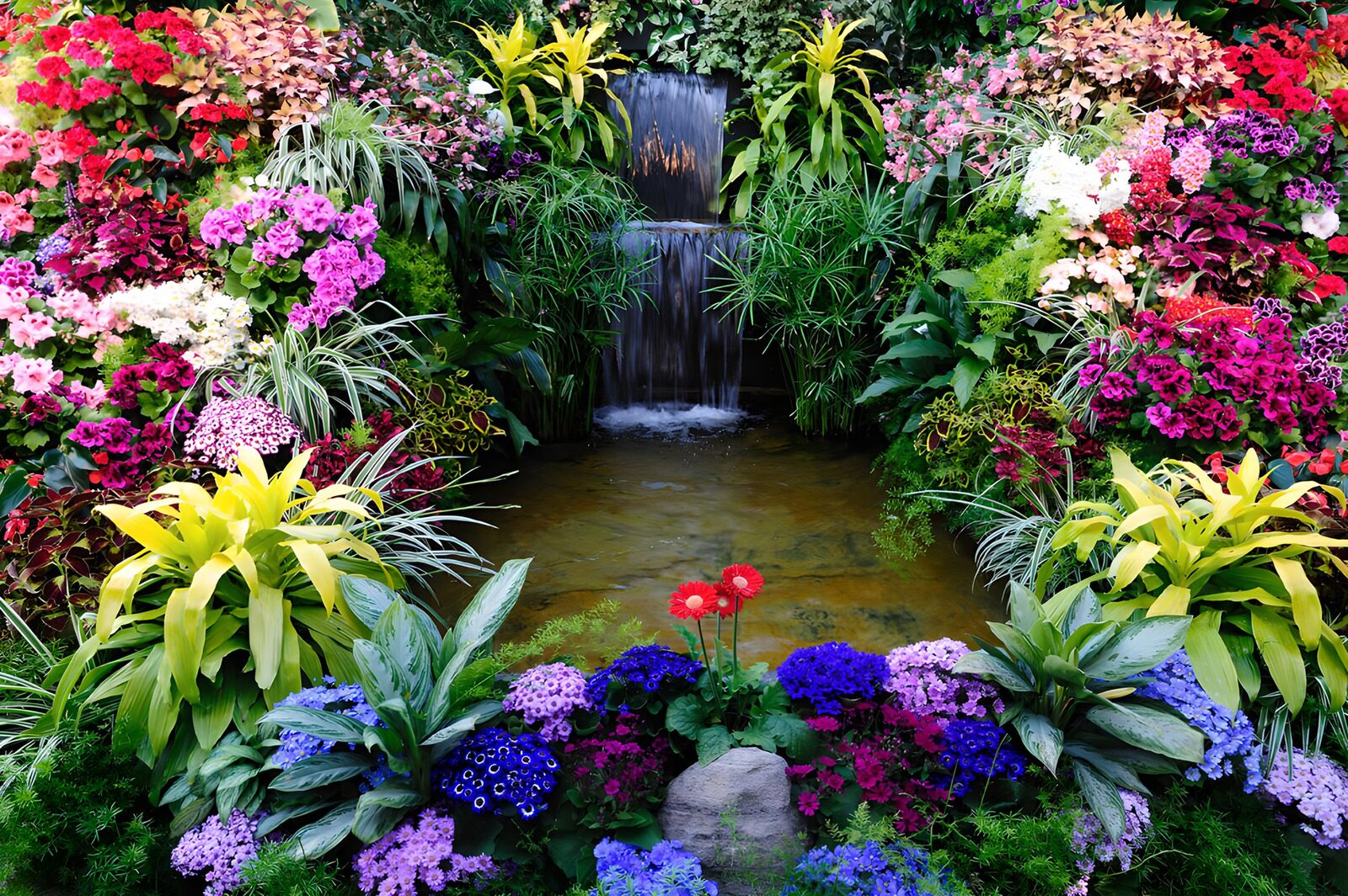 Farbenfroher Garten mit Wasserfall