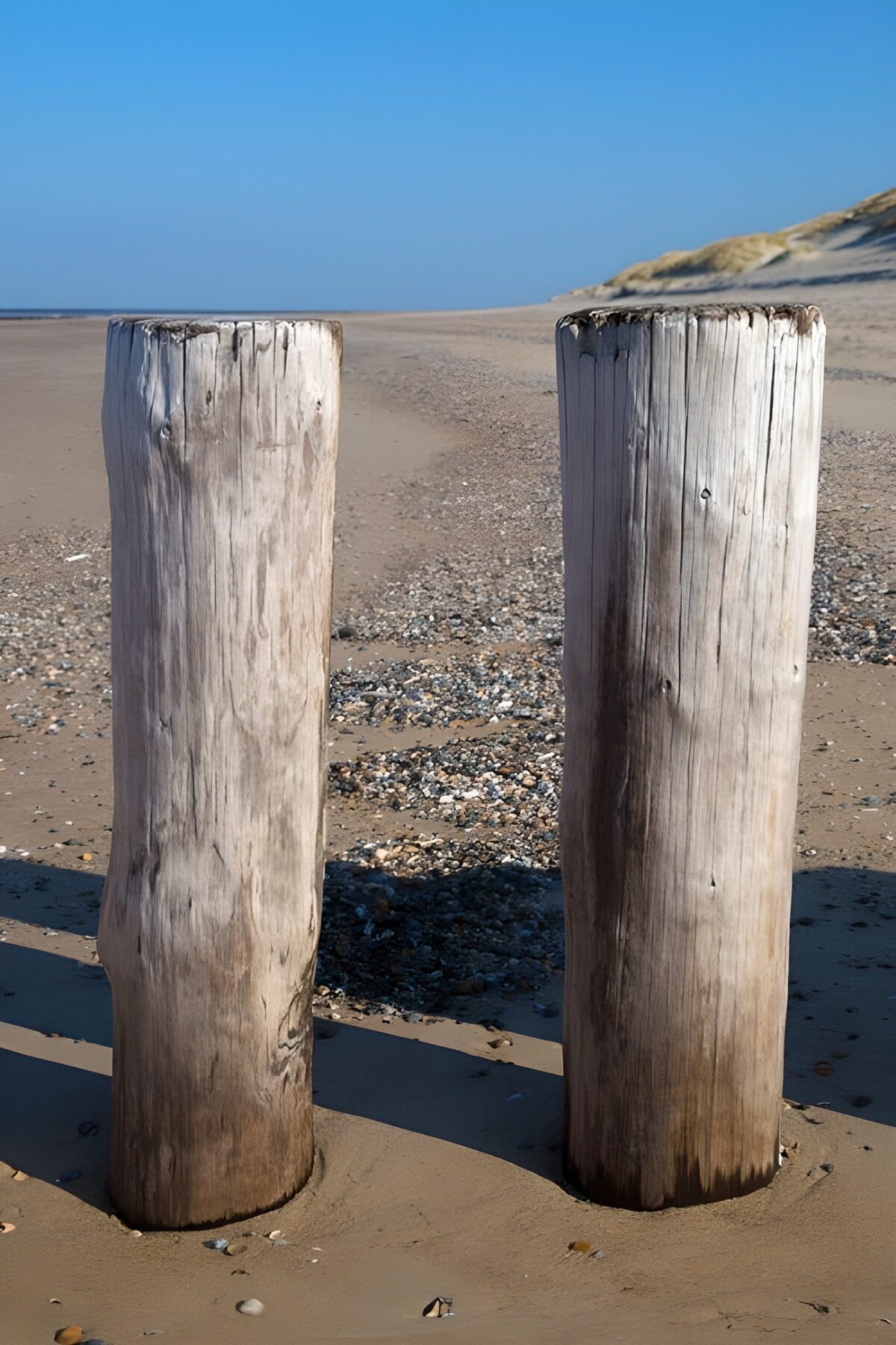 Zwei Holzpfähle am Strand