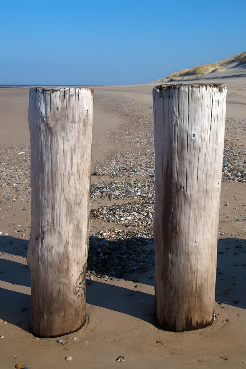 Zwei Holzpfähle am Strand