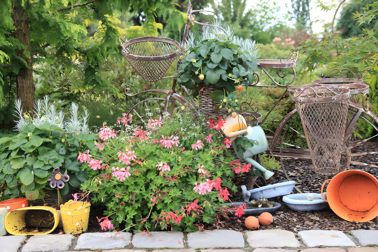 Bunte Gartenaccessoires und Pflanzen