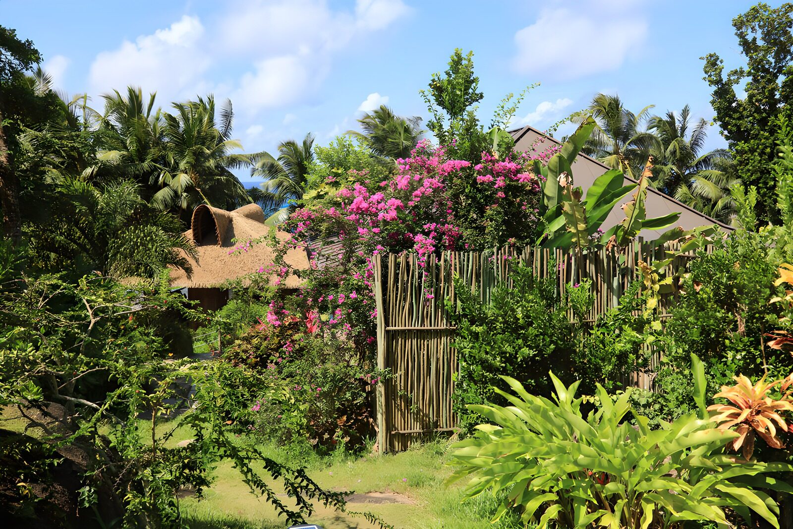Tropischer Garten mit Bungalow