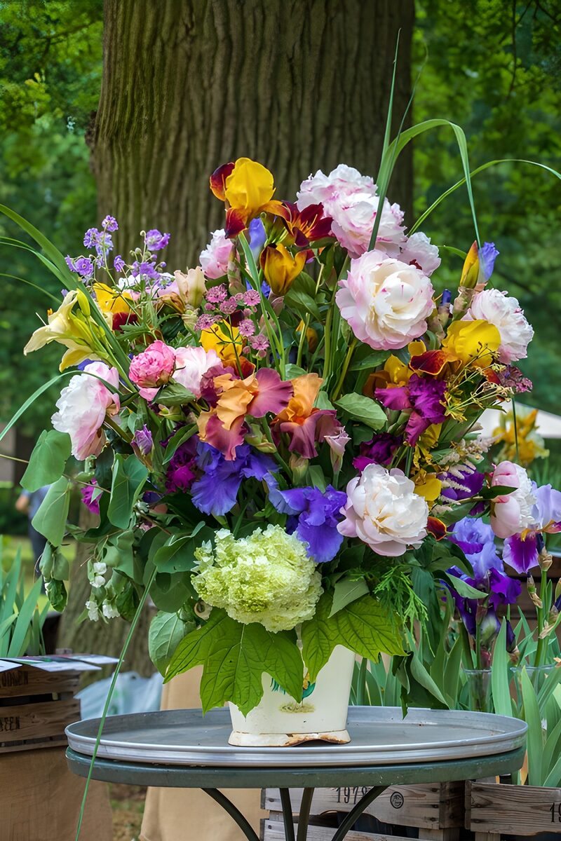 Farbenfrohe Blumenarrangement im Eimer