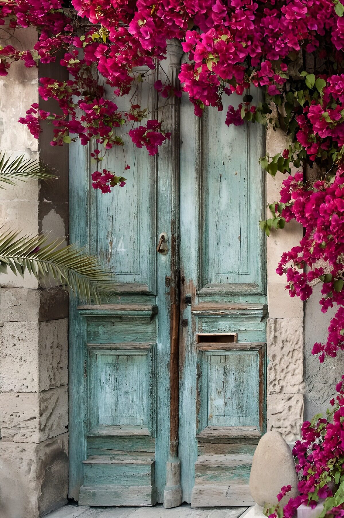 Wunderschöne farbige Tür mit Bougainvillea