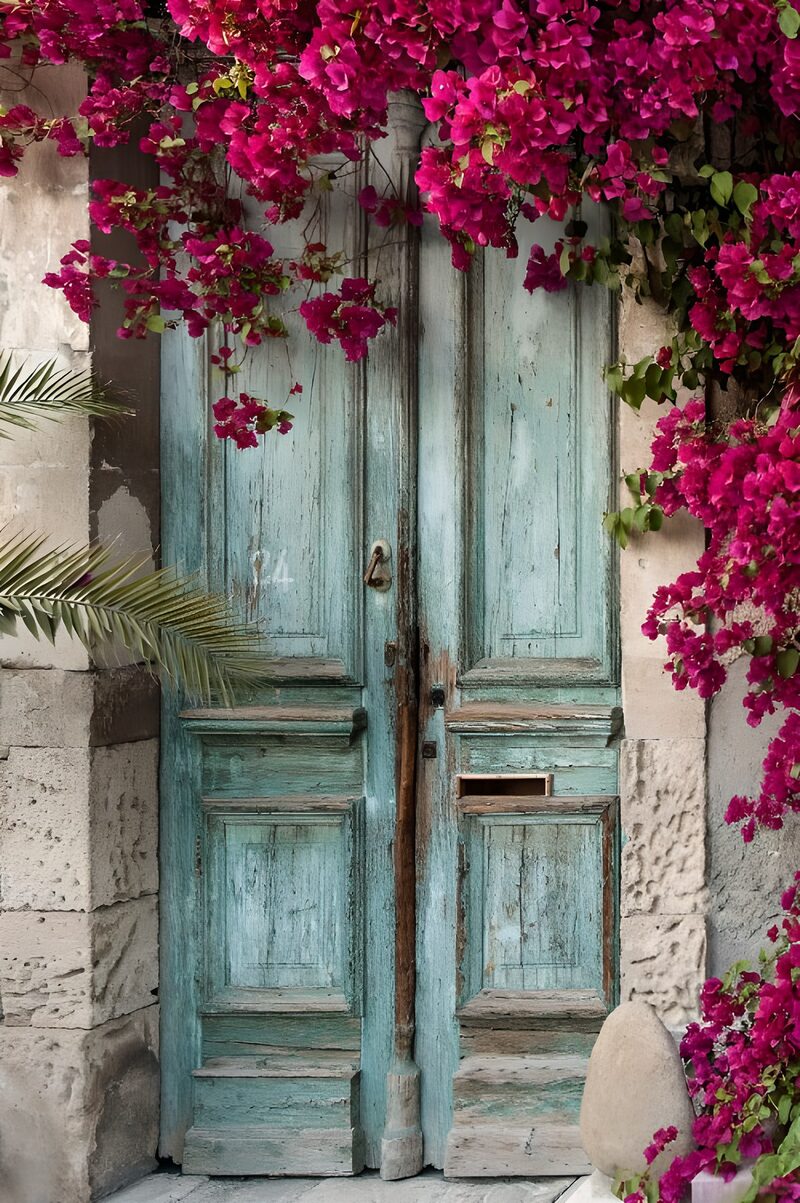 Wunderschöne farbige Tür mit Bougainvillea